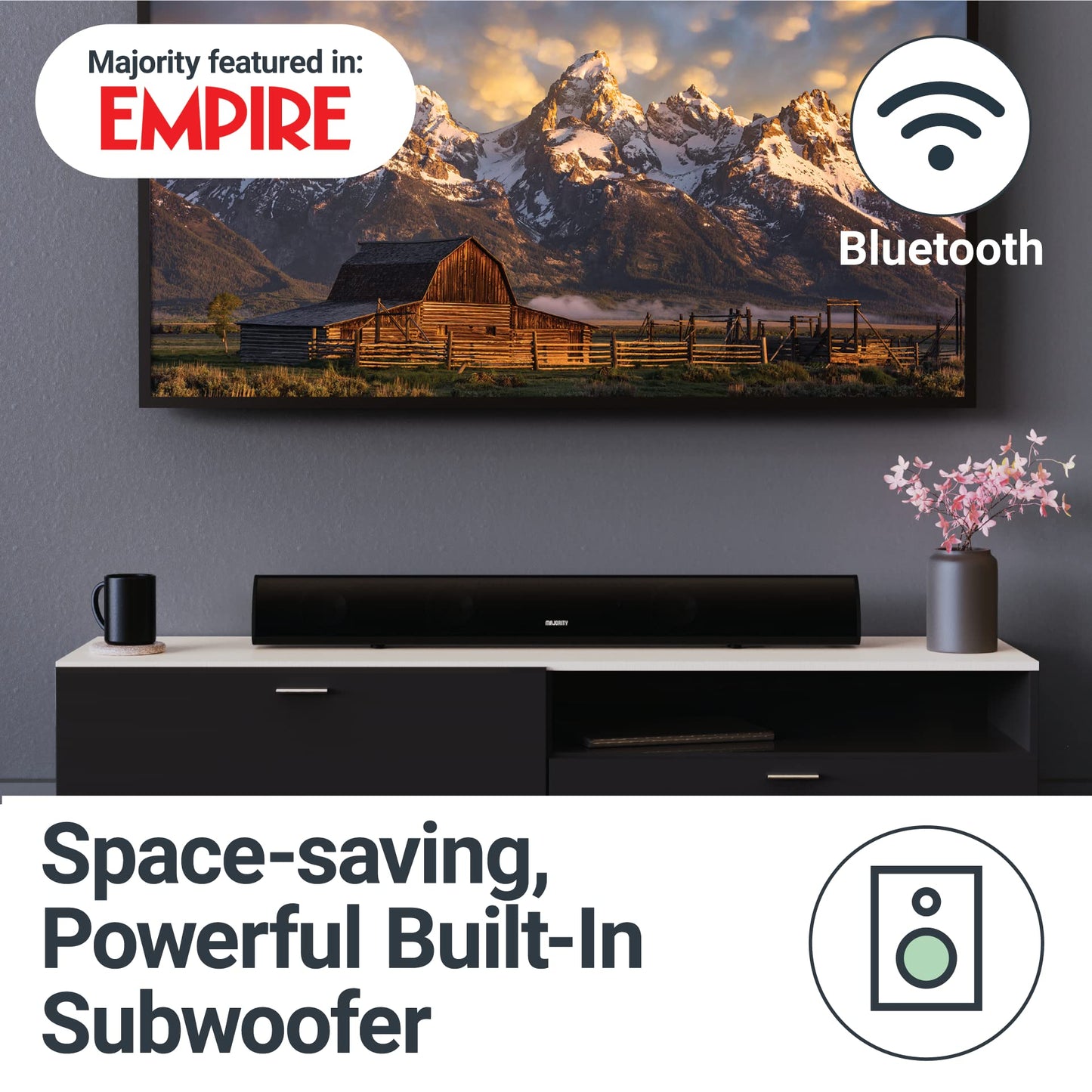 Majority - Potente barra de sonido estéreo de 120 W para TV, sonido de 2.1 canales, barra de sonido 3D de cine en casa con subwoofer incorporado | HDMI ARC, Bluetooth, óptico, RCA, USB y reproducción