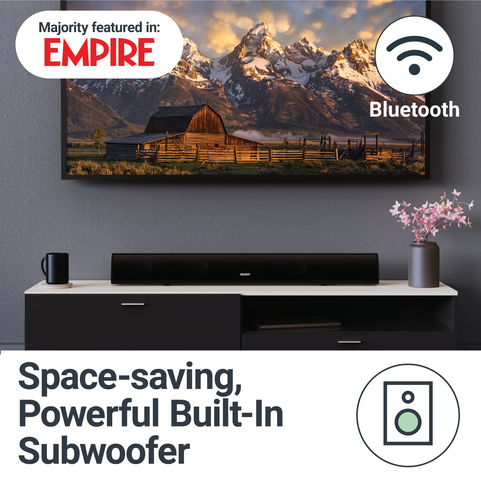 Majority - Potente barra de sonido estéreo de 120 W para TV, sonido de 2.1 canales, barra de sonido 3D de cine en casa con subwoofer incorporado | HDMI ARC, Bluetooth, óptico, RCA, USB y reproducción