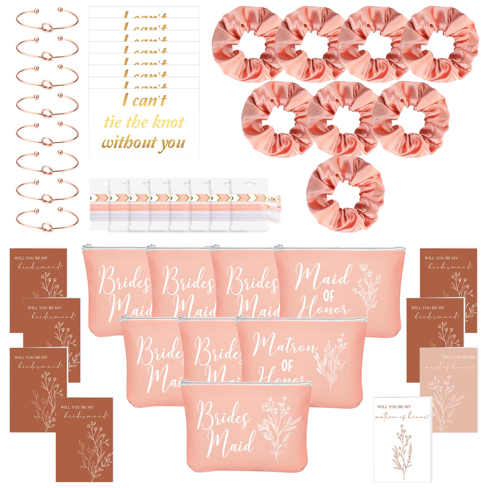 Cunno 48 Regalos de Dama de Honor Matron Maid Of Honor Bridesmaid para Propuesta Boda Bolsa de Maquillaje de Despedida de Soltera Coletero de Cabello Pulsera Anudada Tarjeta Invitación (Rosa Rosado)
