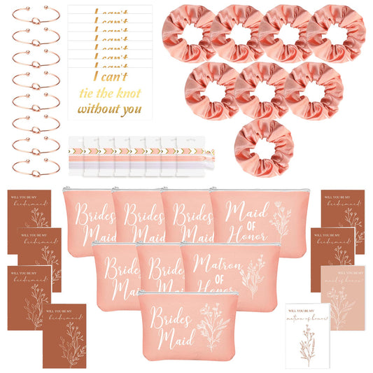 Cunno 48 Regalos de Dama de Honor Matron Maid Of Honor Bridesmaid para Propuesta Boda Bolsa de Maquillaje de Despedida de Soltera Coletero de Cabello Pulsera Anudada Tarjeta Invitación (Rosa Rosado)