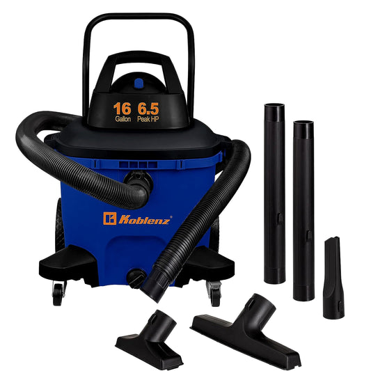 Koblenz WD-16L4H Aspiradora y soplador de 6.5 HP con Mango Trasero, Manguera de 2-1/2 Pulgadas x 8 pies, Tanque de 16 galones, Azul/Negro