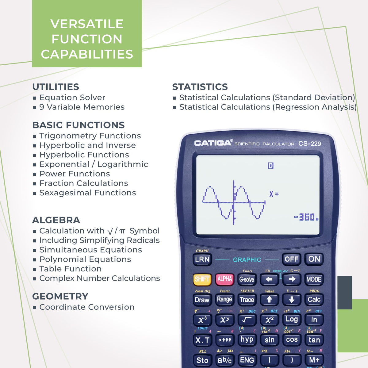 Calculadora Científica CATIGA CS229 Múltiples Modos Funciones Gráficas Interfaz Intuitiva