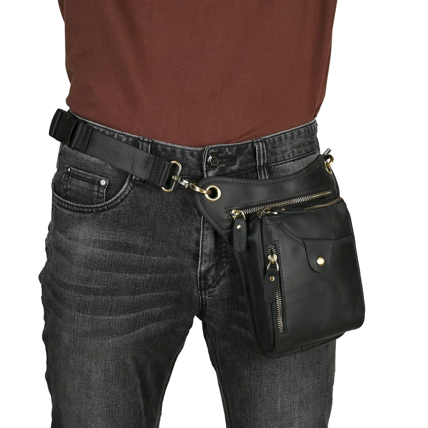 Le'aokuu - Bolsa de piel auténtica para hombre, para deportes al aire última intervensión, con cintura y cadera, bandolera para hombro, pierna caída, bolsa de muslo para mujer (211-5 0 café oscuro),