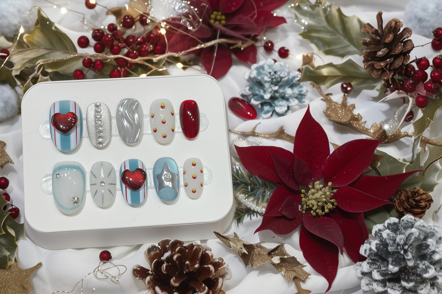 Fine Point Uñas postizas cortas hechas a mano - Diseño de corazón 3D - Uñas acrílicas estilo ojo de gato - Elegante set de uñas postizas | American Sweetheart (Talla Mediana)