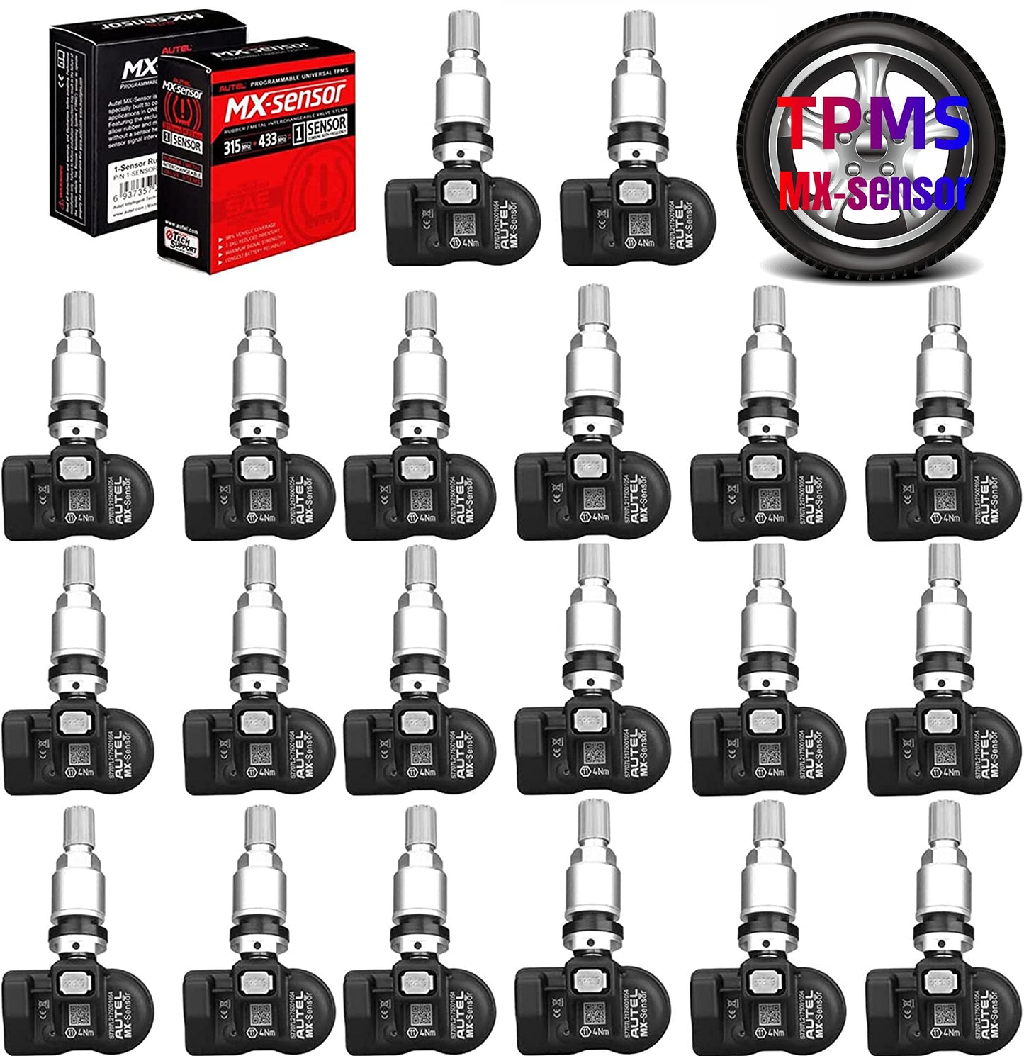 Autel MaxiTPMS MX - Sensor 20 unidades con tallo de metal 315/433MHz TPMS Sensor universal de neumáticos programado por TPMS Tool TS401 TS408 TS501 TS508 TS601 TS608 MK808TS MX808TS MS906TS ITS600