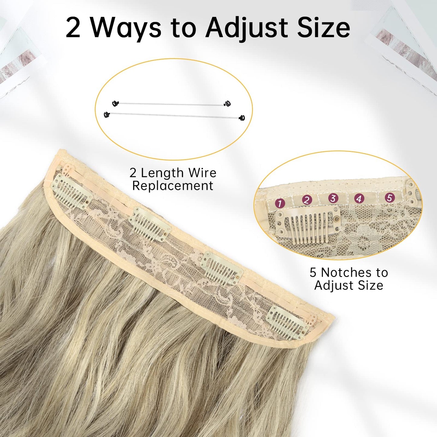 Slzhds Extensiones de Cabello Natural Ondulado, Extensión de Liga, Extensiones de Cabello Ondulado, Extensiones Halo con Diadema Invisible, 3/4 Cabeza Completa Ondulada Extensiones Cabello con Clip Seguros Extraíbles, Tamaño Ajustable, Resistente al Calor