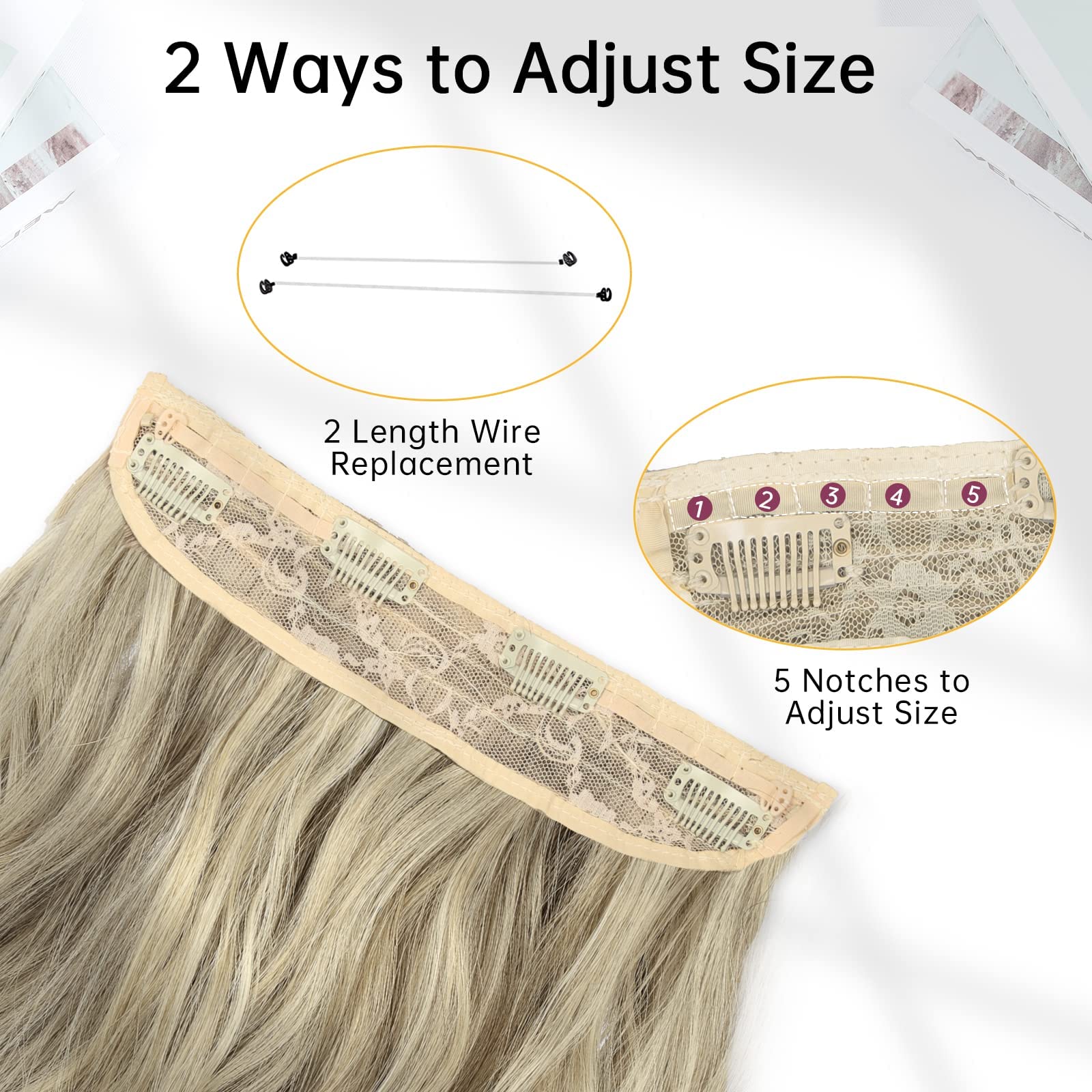 Slzhds Extensiones de Cabello Natural Ondulado, Extensión de Liga, Extensiones de Cabello Ondulado, Extensiones Halo con Diadema Invisible, 3/4 Cabeza Completa Ondulada Extensiones Cabello con Clip Seguros Extraíbles, Tamaño Ajustable, Resistente al Calor