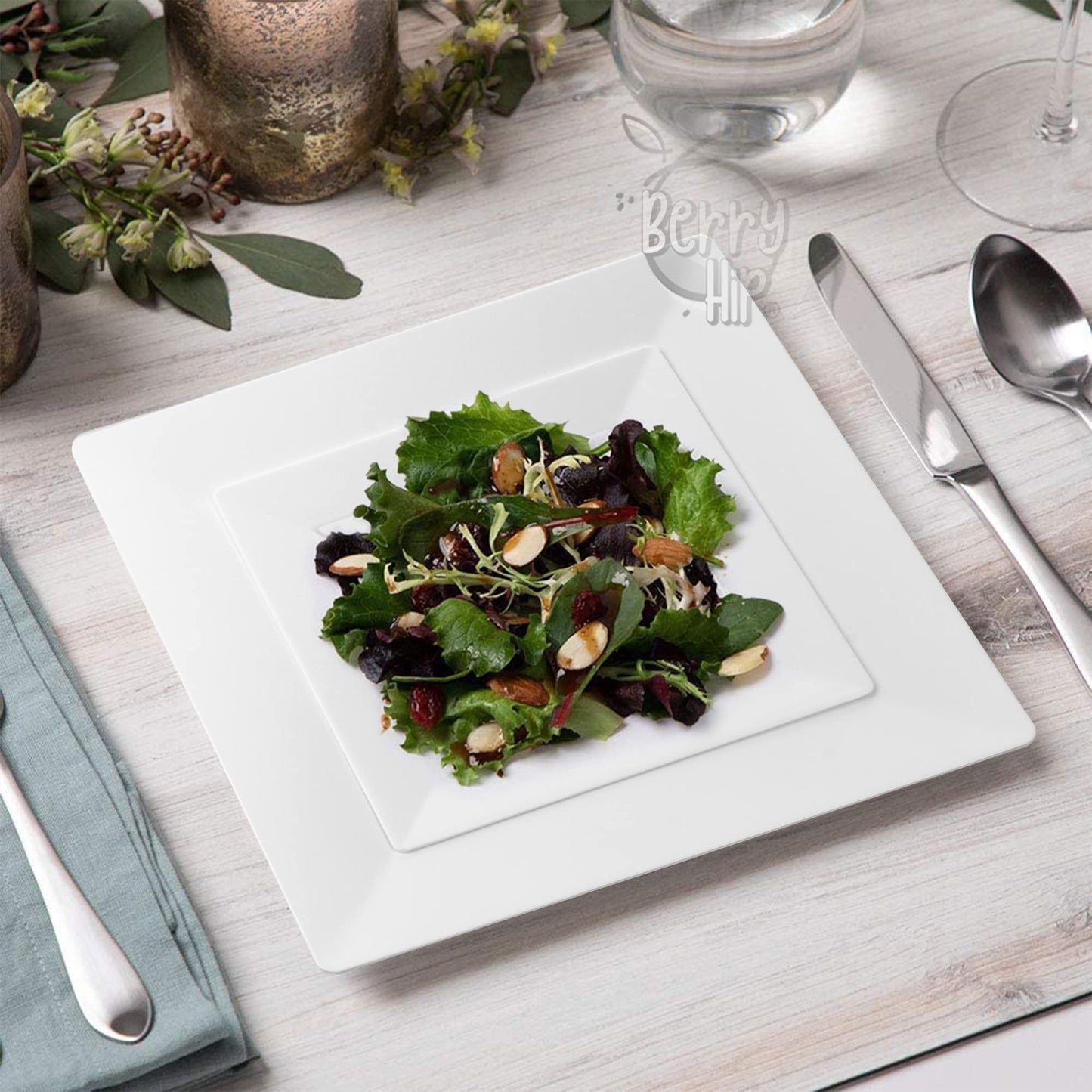 Berry Hip 50 Plato Reutilizables Premium para Fiesta, Vajilla de Platos Cuadrados, Incluye 25 Platos Grandes (25 cm) y 25 Platos medianos (16 cm)