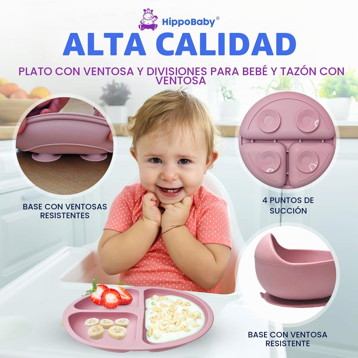 HippoBaby Baby Led Weaning Supplies | 10 Piece Silicone Feeding Set | Baby Toddler Bib Cup Divided Plate and Bowl Self Feeding Spoons Dish Set | Baby Utensils | Toddler Feeding Supplies (Light Pink)