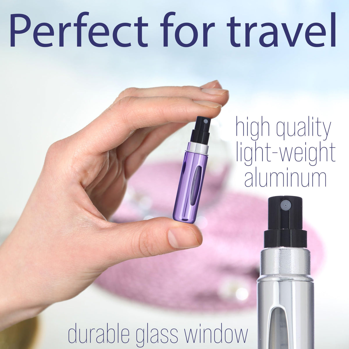 Expressions ANPC17311 - Juego de atomizadores de perfume recargables de tamaño de viaje de 5 ml, botellas de aluminio pulverizadoras de perfume de color morado, blanco y rosa