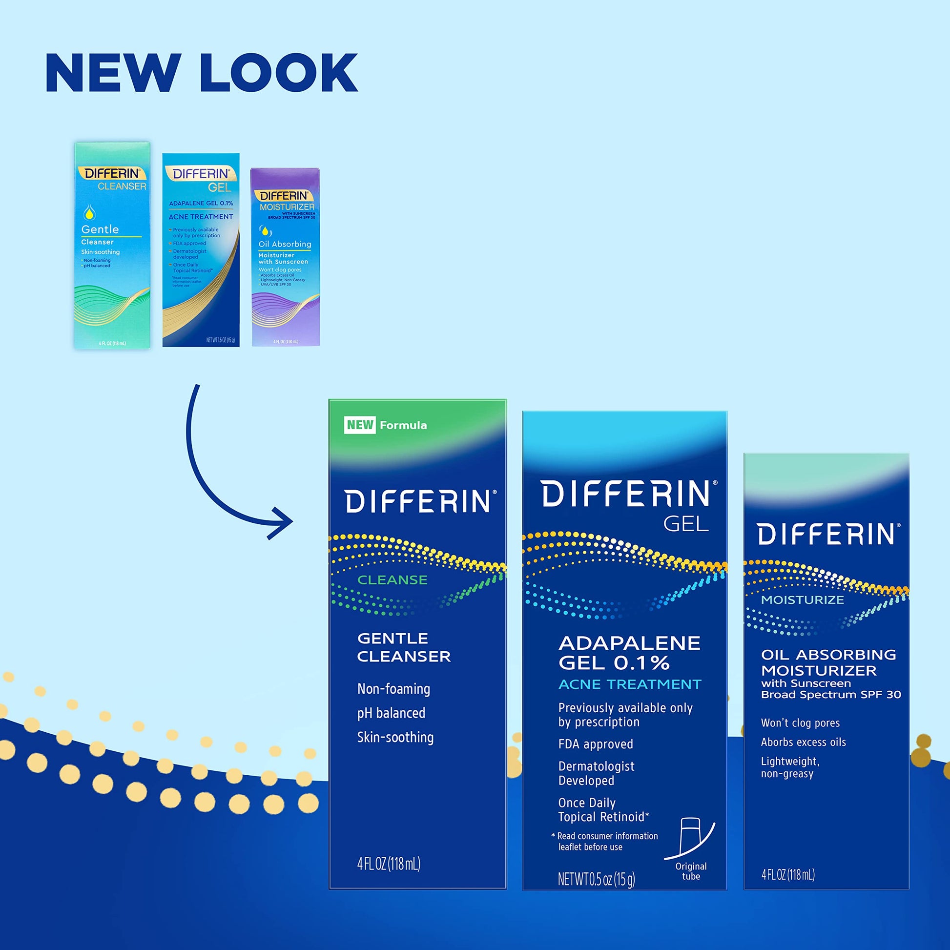 Differin Skin Care Set, Differin Gel 3 Step Regimen, Acne Treatment, Sunscreen SPF 30 for Face, Facial Cleanser, for Acne Prone Sensitive Skin