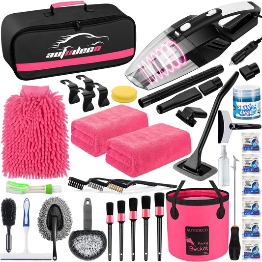 AUTODECO - Kit de 41 piezas de limpieza de coche, kit de limpieza de detalles interiores con aspiradora de mano de alta potencia, cubeta plegable, herramienta para parabrisas, pala de nieve, cepillo