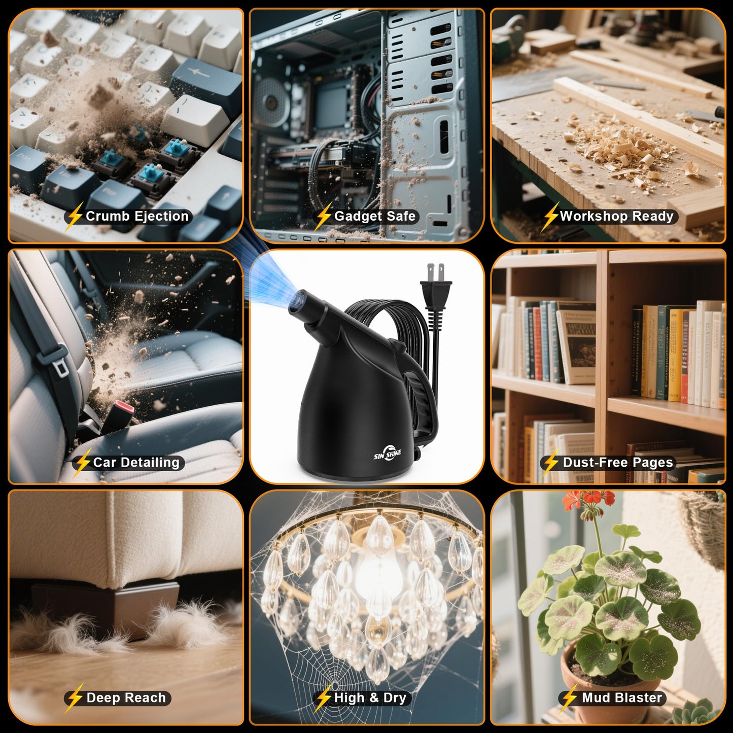 Aire Comprimido 3.0 SIN SHINE Negro Plumero Eléctrico Multiusos para Laptop y Computadora