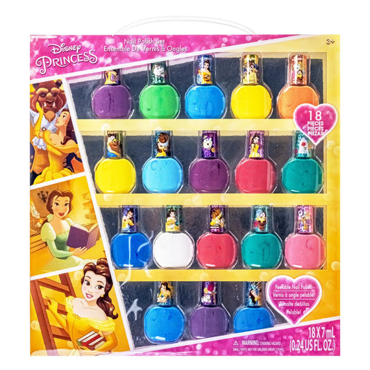 Disney Princess - Townley Girl Belle 18 piezas no tóxicas Peel-Off a base de agua seguro kit de esmalte de uñas de secado rápido | Juego de pintura de uñas para regalo de cumpleaños para niñas, colores brillantes y opacos| Niños mayores de 3 años