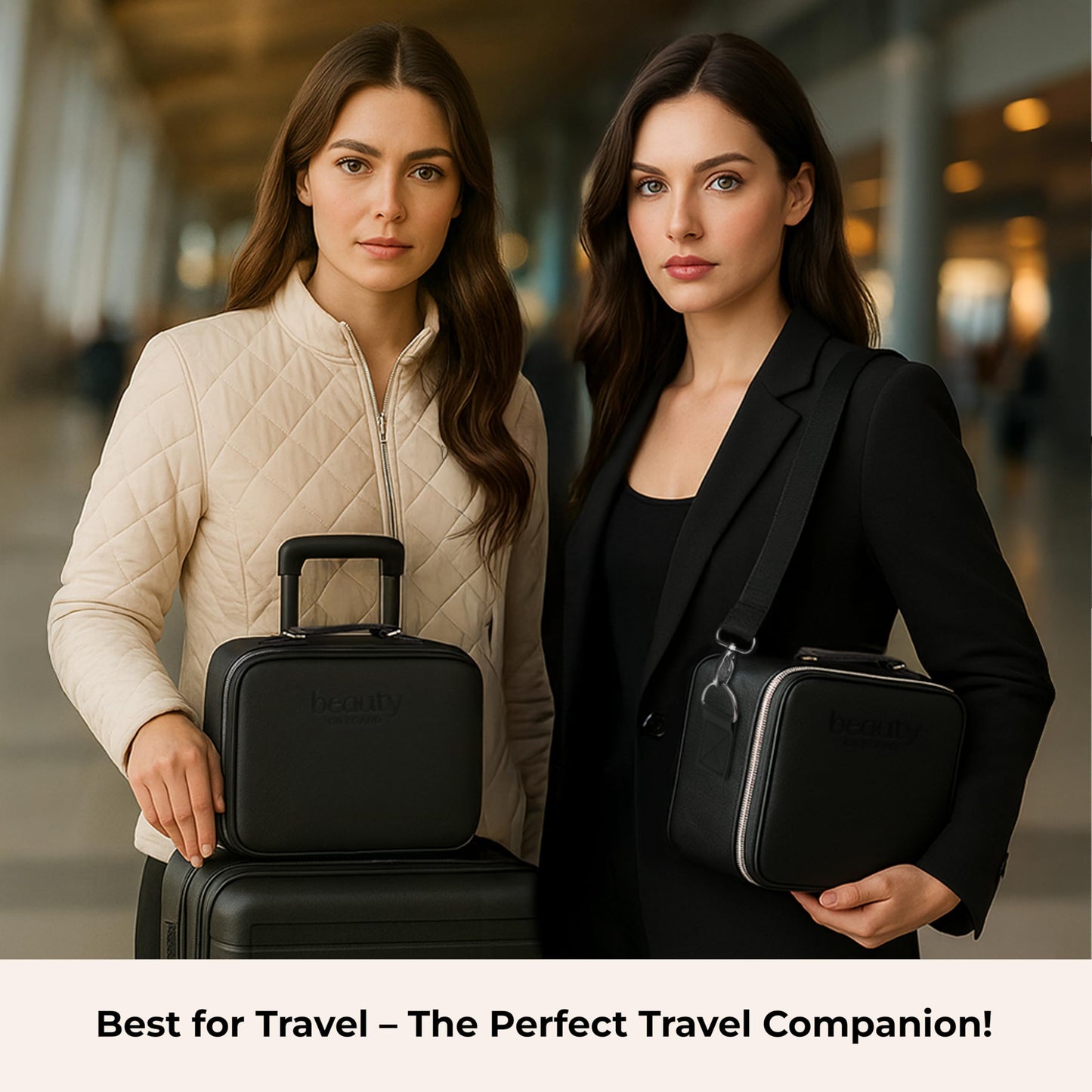 BeautyOnBoard - Bolsa de maquillaje con espejo LED, funda de maquillaje de piel sintética, 3 niveles de brillo ajustables, estuche cosmético iluminado con espejo, divisores, organizador de viaje