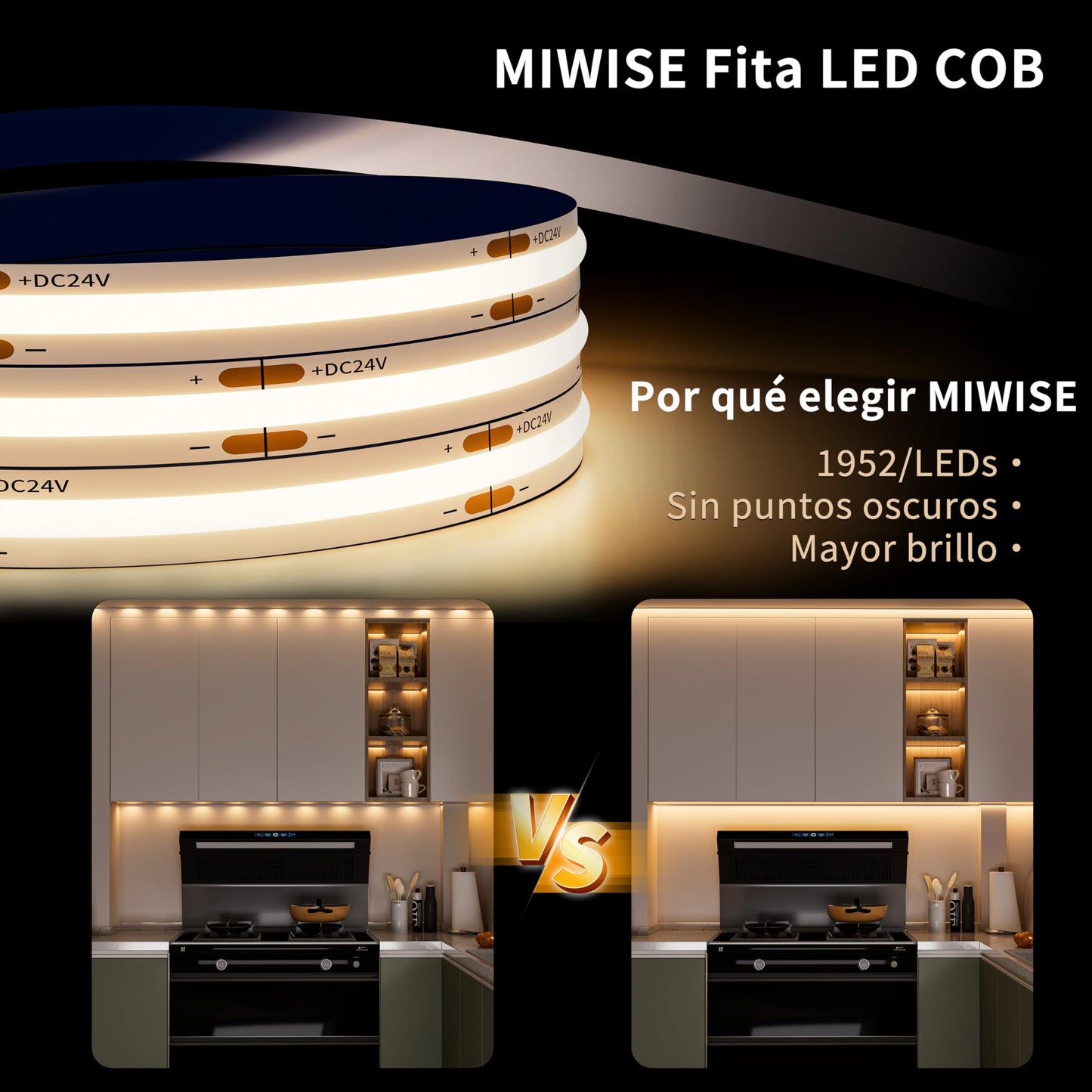 Tira de Luz LED Flexible MIWISE Blanco Cálido Regulable para Gabinetes y Hogar