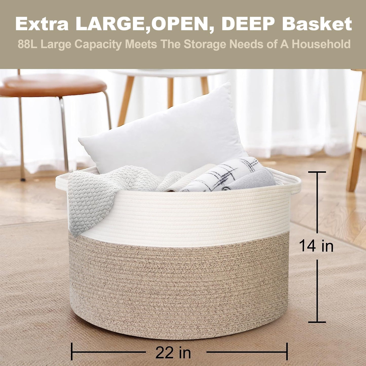 MEGASKET Large Rope Storage Basket, 22" X 22" X 14" Extra Large Woven Baskets for Storage, Cotton Rope Basket for Blankets Toys, Wicker Storage Baskets for Organizing, Wicker Laundry Basket Hamper