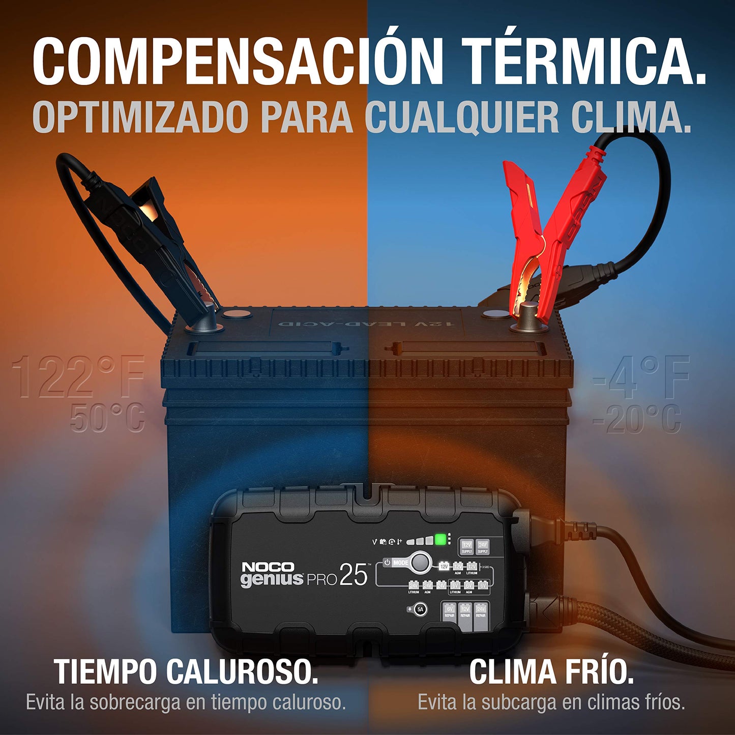 NOCO GENIUSPRO25: Cargador Inteligente 6V/12V/24V 25A – Profesional, mantenedor, desulfatador y Fuente de alimentación con protección contra sobrecarga – para baterías de Plomo y Litio