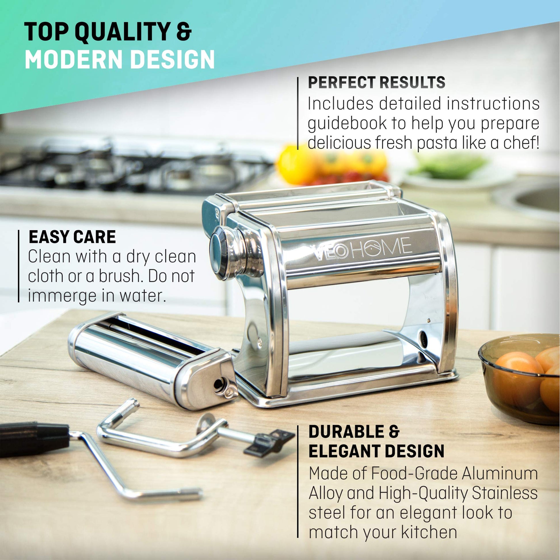 Máquina de Pasta Plana VeoHome Acero Inoxidable Ajustable con Cortador para Fideos Caseros Frescos