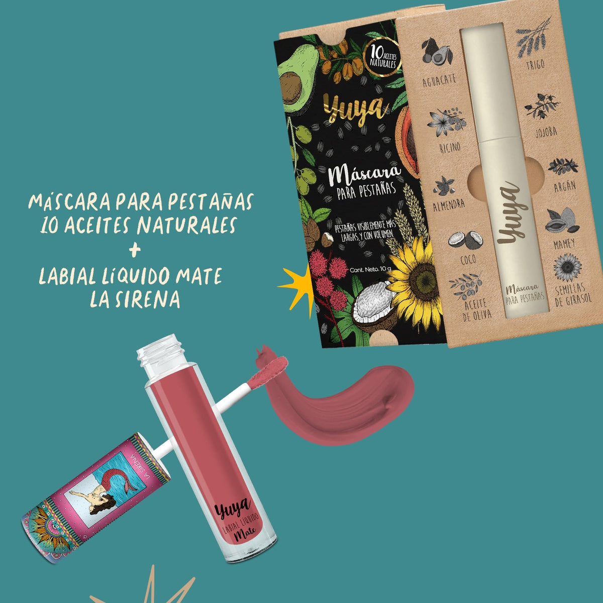 Yuya - Set máscara 10 aceites + Labial La sirena - Set de maquillaje - Voluminizador y alargador