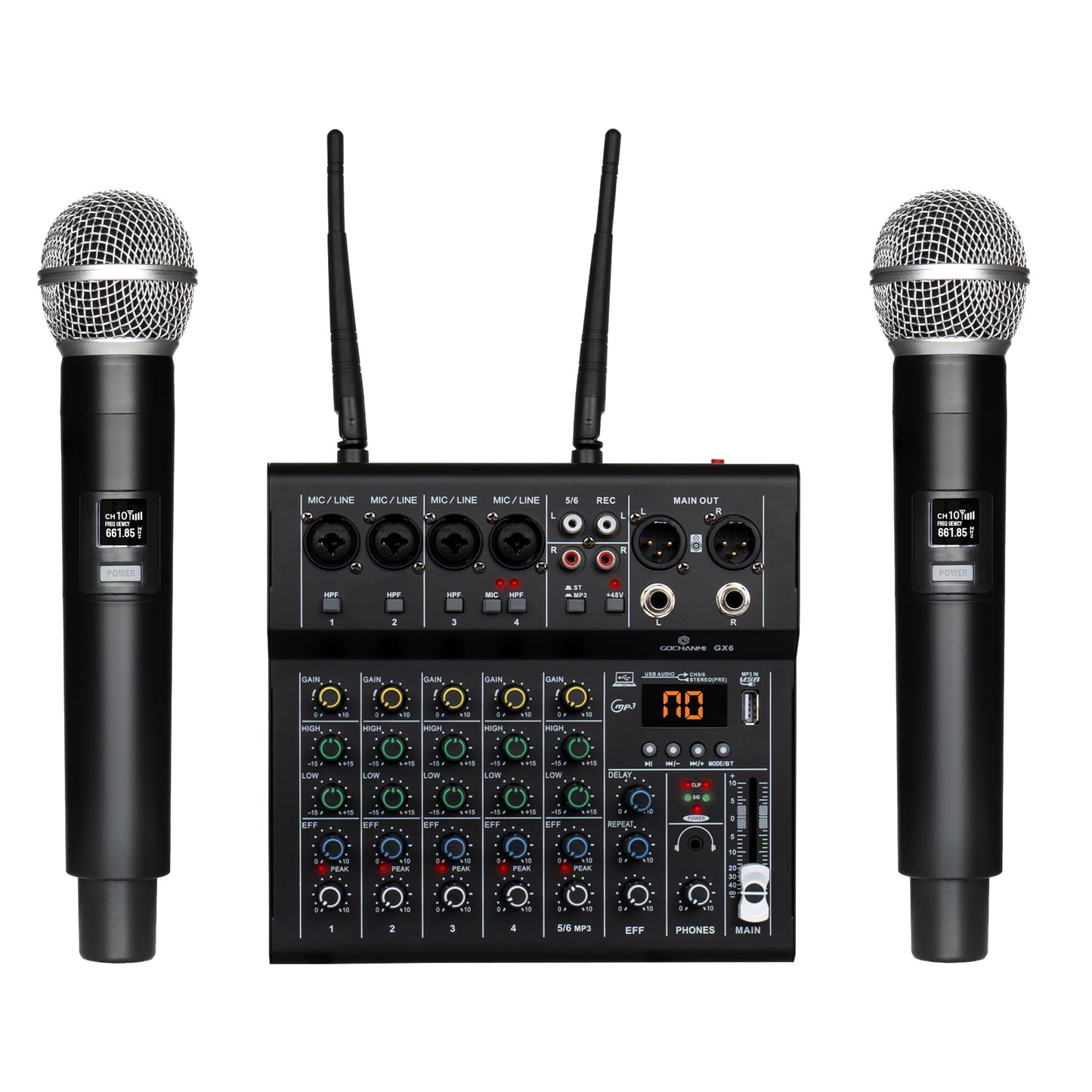 GOCHANMI GX6 Mezcladora de Audio 6 Canales Con 2 Micrófono Inalambrico UHF 100M Rango,Mixer Profesional con 48V Phantom Power y Bluetooth USB Interface,para Home Karaoke Party Studio Recording