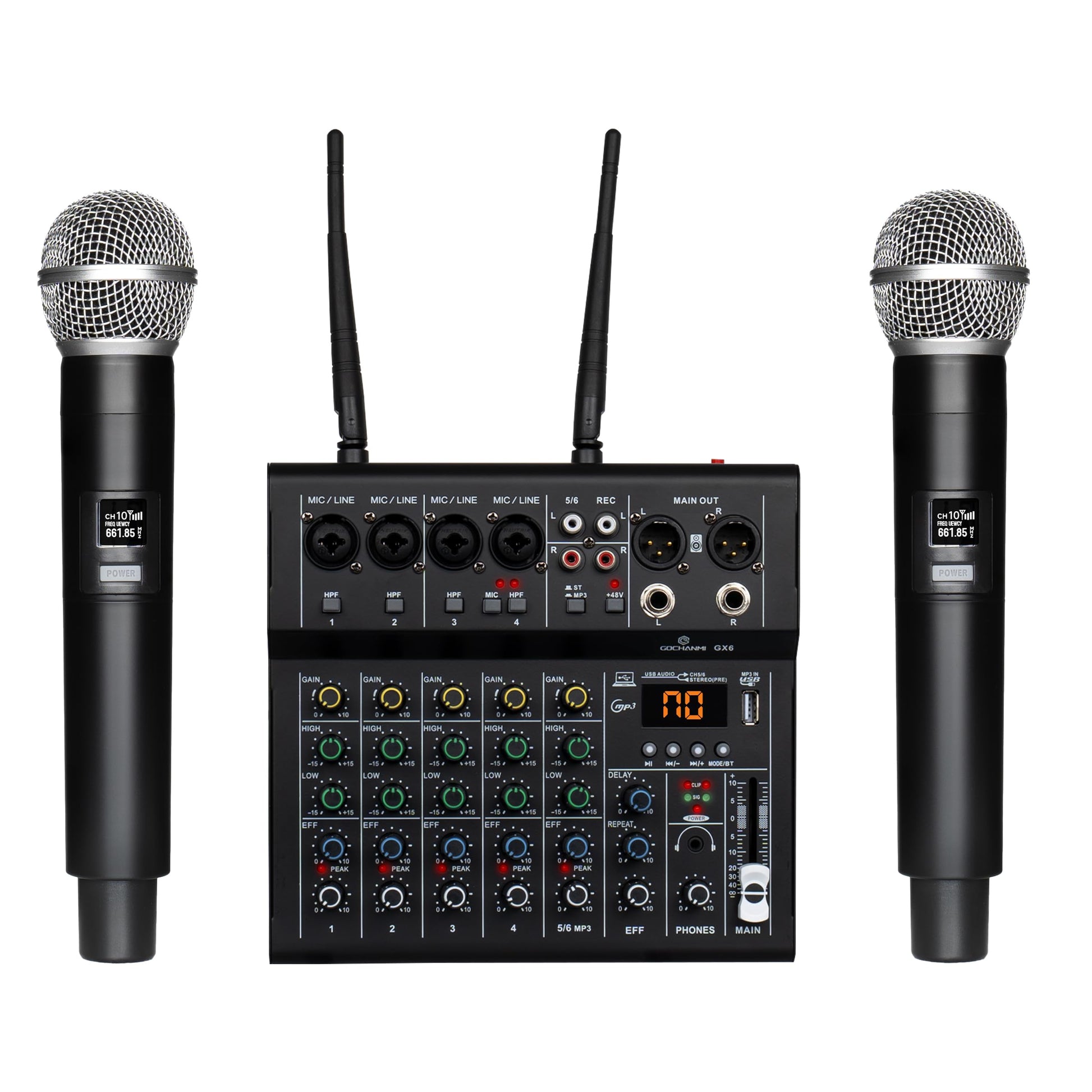 GOCHANMI GX6 Mezcladora de Audio 6 Canales Con 2 Micrófono Inalambrico UHF 100M Rango,Mixer Profesional con 48V Phantom Power y Bluetooth USB Interface,para Home Karaoke Party Studio Recording