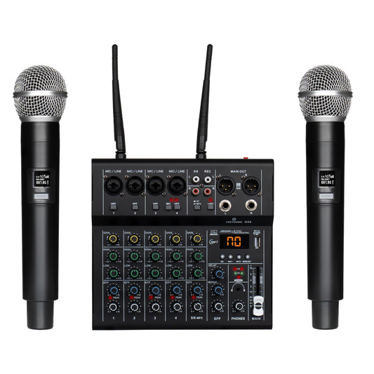 GOCHANMI GX6 Mezcladora de Audio 6 Canales Con 2 Micrófono Inalambrico UHF 100M Rango,Mixer Profesional con 48V Phantom Power y Bluetooth USB Interface,para Home Karaoke Party Studio Recording
