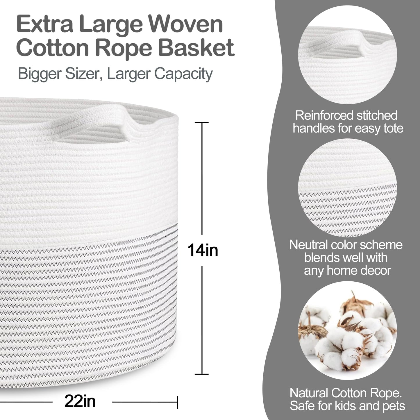 MEGASKET XXXL Cesta grande de cuerda de algodón para mantas para sala de estar, cestas de almacenamiento tejidas para organizar, cestas de juguetes para guardería para niños, organizador de