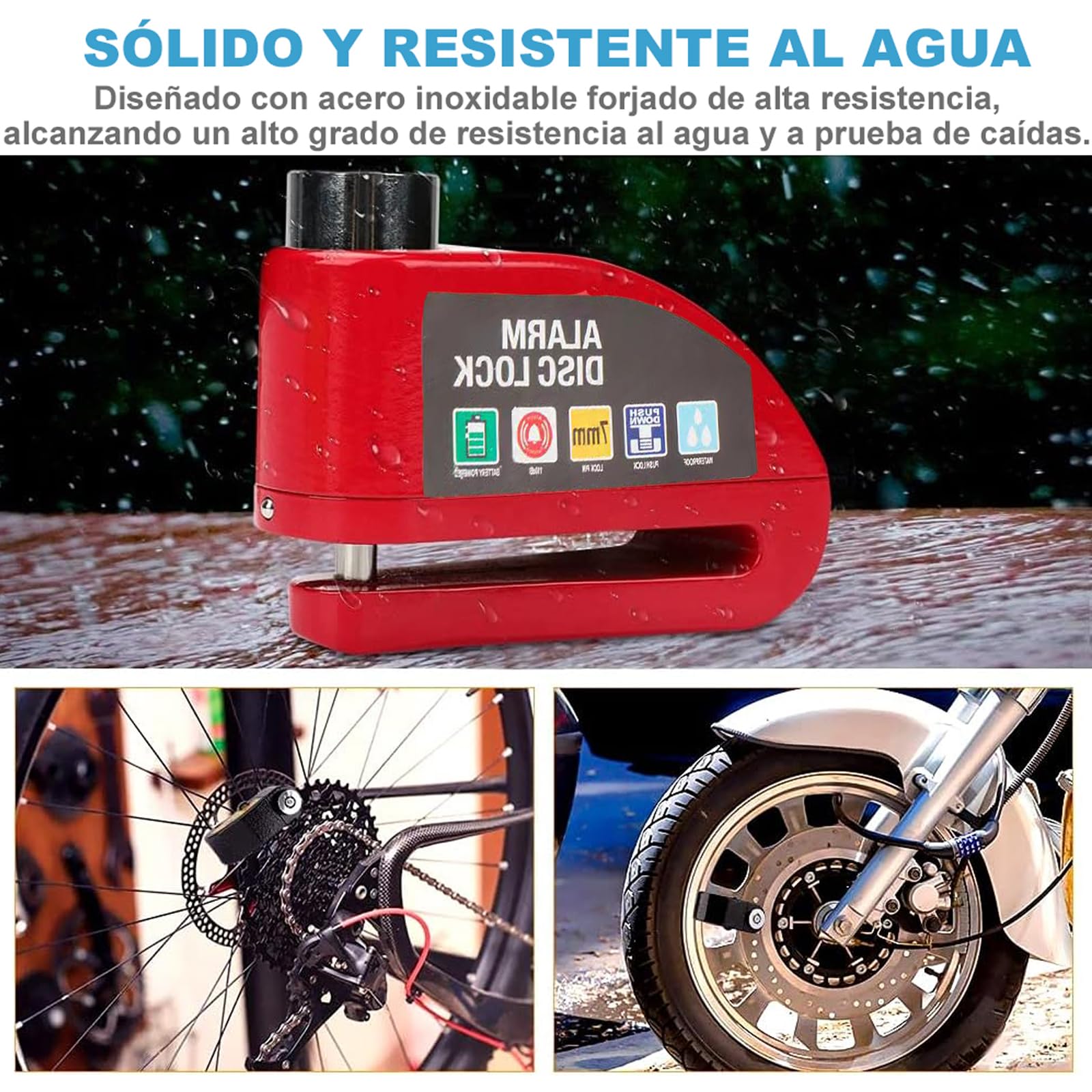 Candado para Motocicleta y Bicicleta, Candado para Motocicleta Universal con Alarma de 110dB Impermeable IP65 Seguro Antirrobo Compatible con Motocicleta Bicicleta etc Vehículos con Llanta de Disco