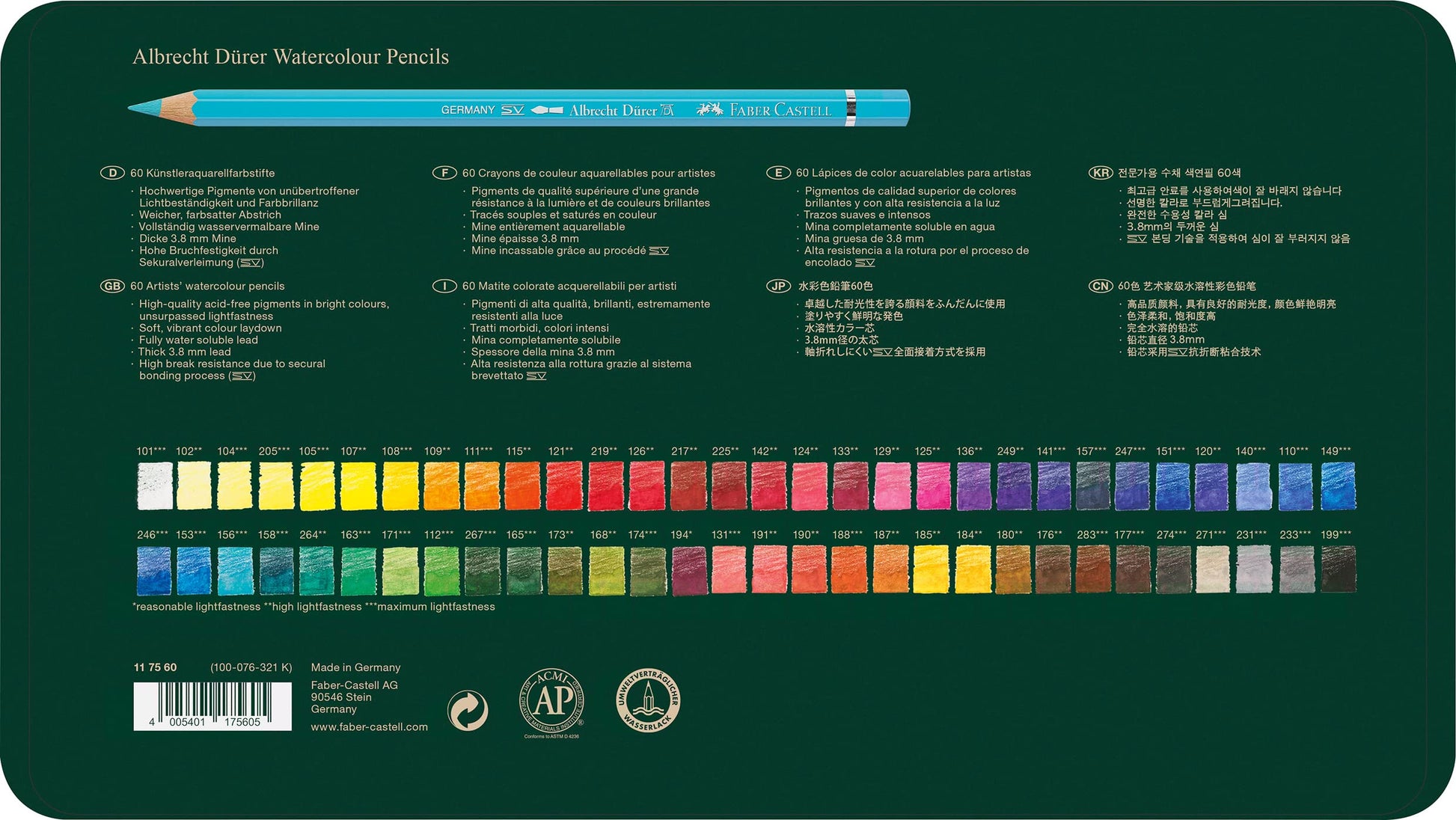 Faber-Castell Albrecht Dürer Colores Acuarelables Profesional con 60 Diferentes Colores, estos lápices acuarelables combinan la precisión del dibujo con la fluidez de la acuarela