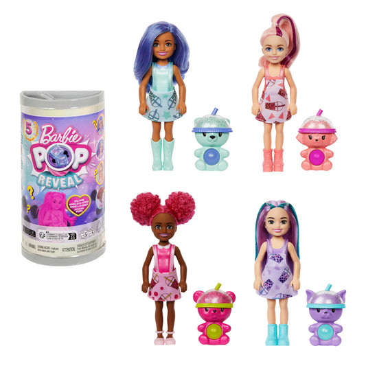 Barbie Surtido Sorpresa, Pop Reveal Muñeca Chelsea Boba Tea Sorpresa, para niñas de 3 años en adelante, Experiencia sensorial Junto con 5 maravillosas sorpresas, Empaque Inspirado en una Lata de té