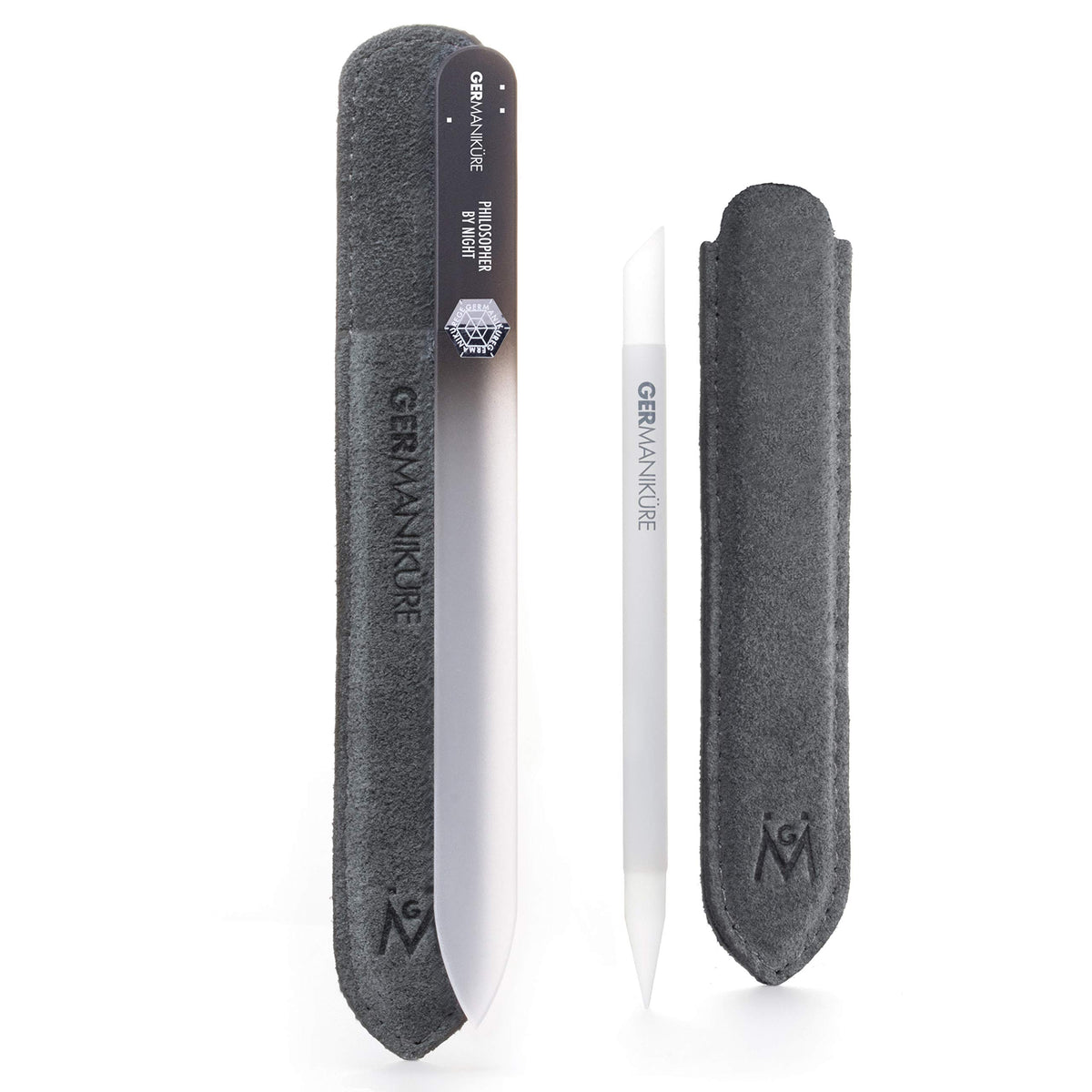 GERMANIKURE Crystal Glass Cuticle Stick & PHILOSOPHER BY NIGHT Nail File Set in Suede Leather Case – Handmade in Czech Republic – Professional Manicure Supplies – Cuticle Pusher, Callous Remover