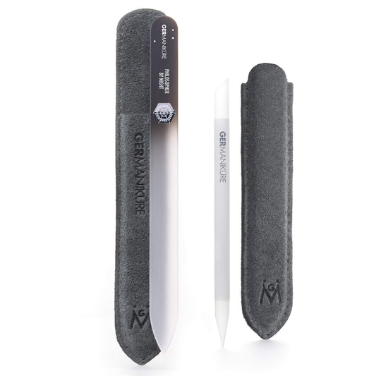GERMANIKURE Crystal Glass Cuticle Stick & PHILOSOPHER BY NIGHT Nail File Set in Suede Leather Case – Handmade in Czech Republic – Professional Manicure Supplies – Cuticle Pusher, Callous Remover