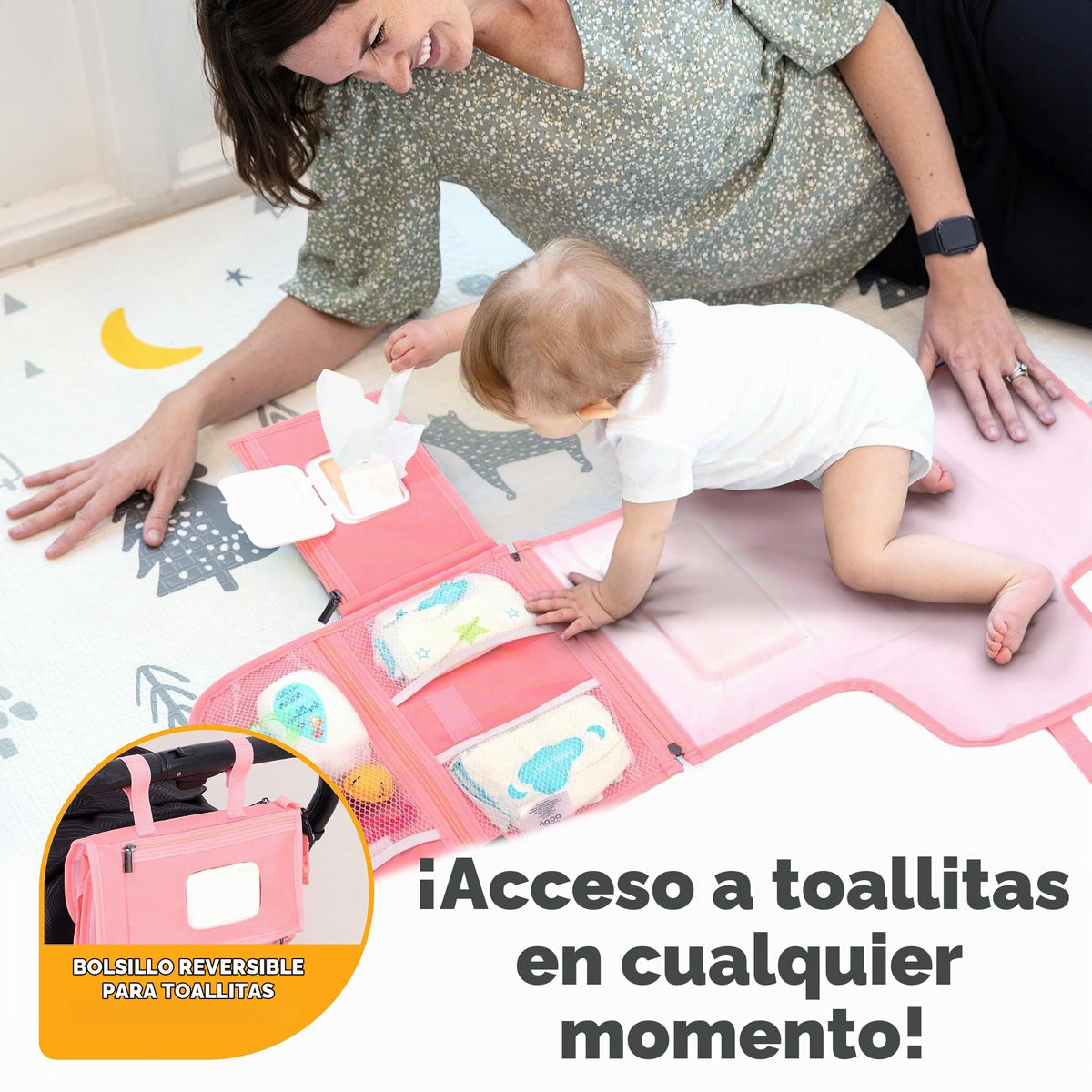 Kopi Baby - Cambiador de pañales portátil para bebé, bolsa de viaje con bolsillo para toallitas, tapete cambiador portátil de diseño inteligente, kit de estación de viaje para bebés, regalo para niñas