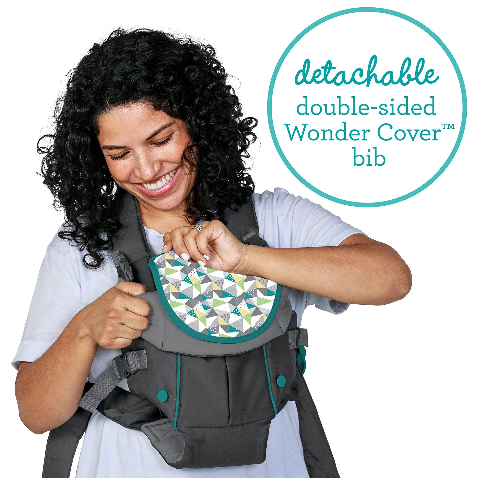 Infantino Swift - Portabebés clásico con bolsillo, 2 maneras de llevar gris con babero Wonder y bolsillo frontal de almacenamiento esencial, correa trasera ajustable, cara interior y exterior, material fácil de limpiar