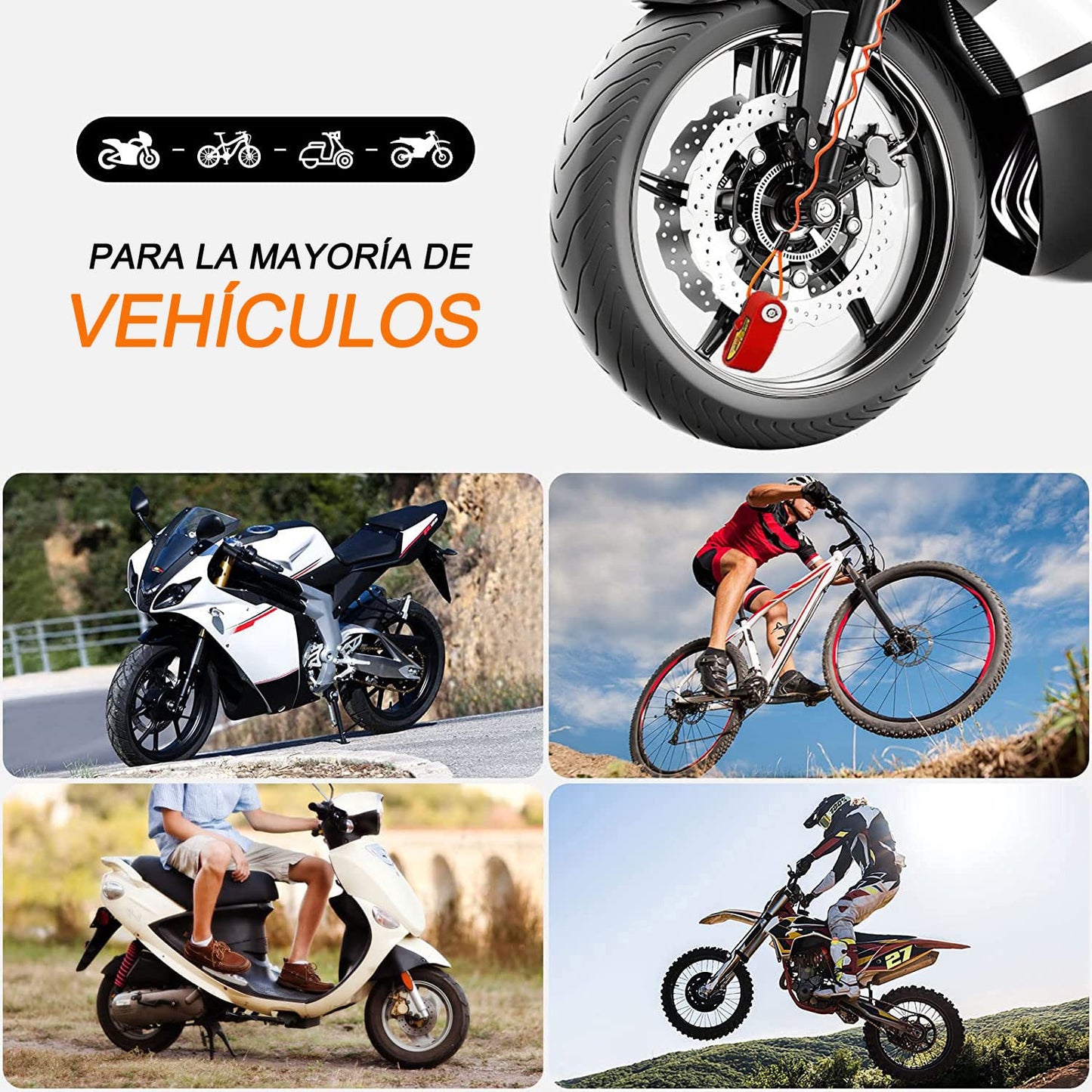 Alarma de Freno de Disco Impermeable de Seguridad para Motocicleta Scooter Rojo con Sonido de 110dB y Cable de Alerta de 4,3 Pies