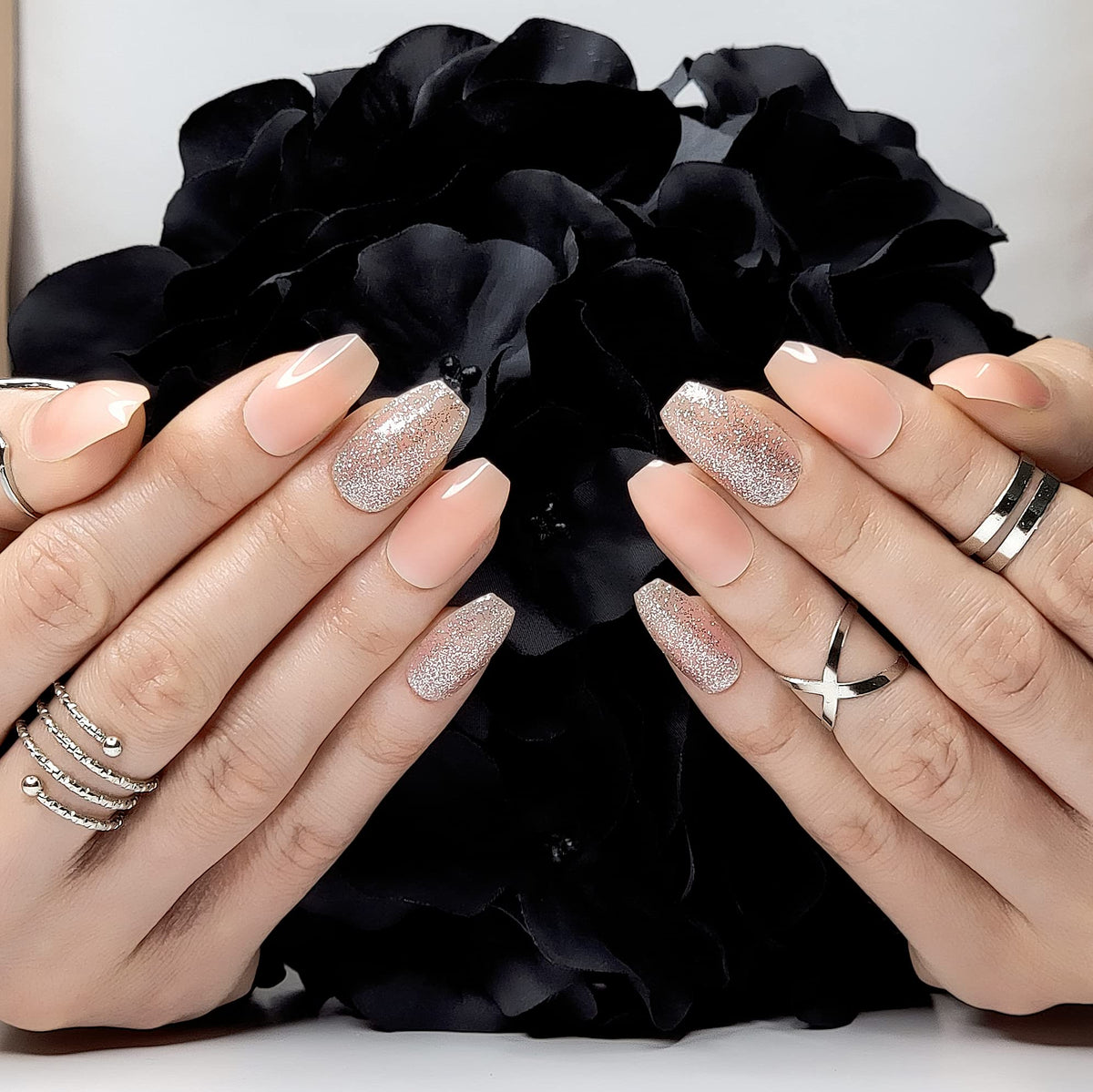 Hypnaughty 24 Pcs Nude Ballerina Press On Nails with Glue Medium Short Length Fake Nails with Glitter Design Glossy Acrylic Press On Nails Full Cover (Nude)