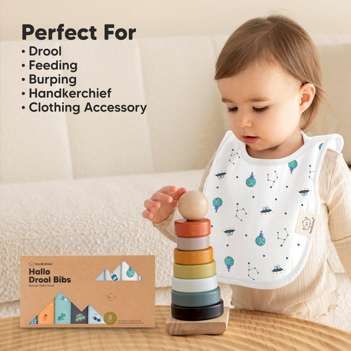 KeaBabies - Paquete de 8 baberos para bebés para niños y niñas, baberos sin botones para la dentición, bebé niña y niño pequeño, recién nacido, suave y absorbente, colores bonitos, cobertura grande