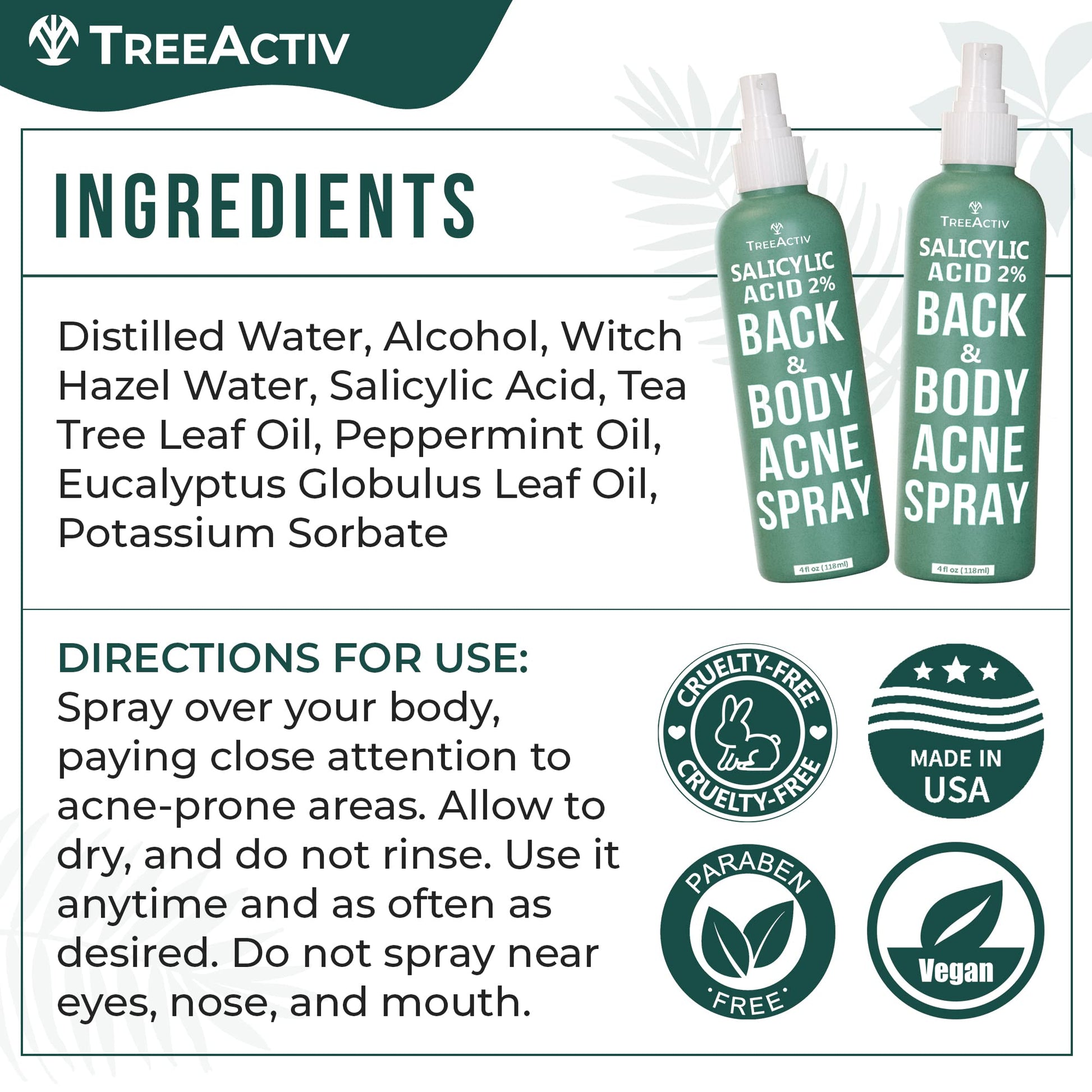 Spray de Ácido Salicílico TreeActiv para Espalda y Cuerpo Solución Eficaz Corporal en Mujeres y Hombres Fórmula de Secado Rápido con Aceite de Árbol de Té, 2 Frascos de 120ml