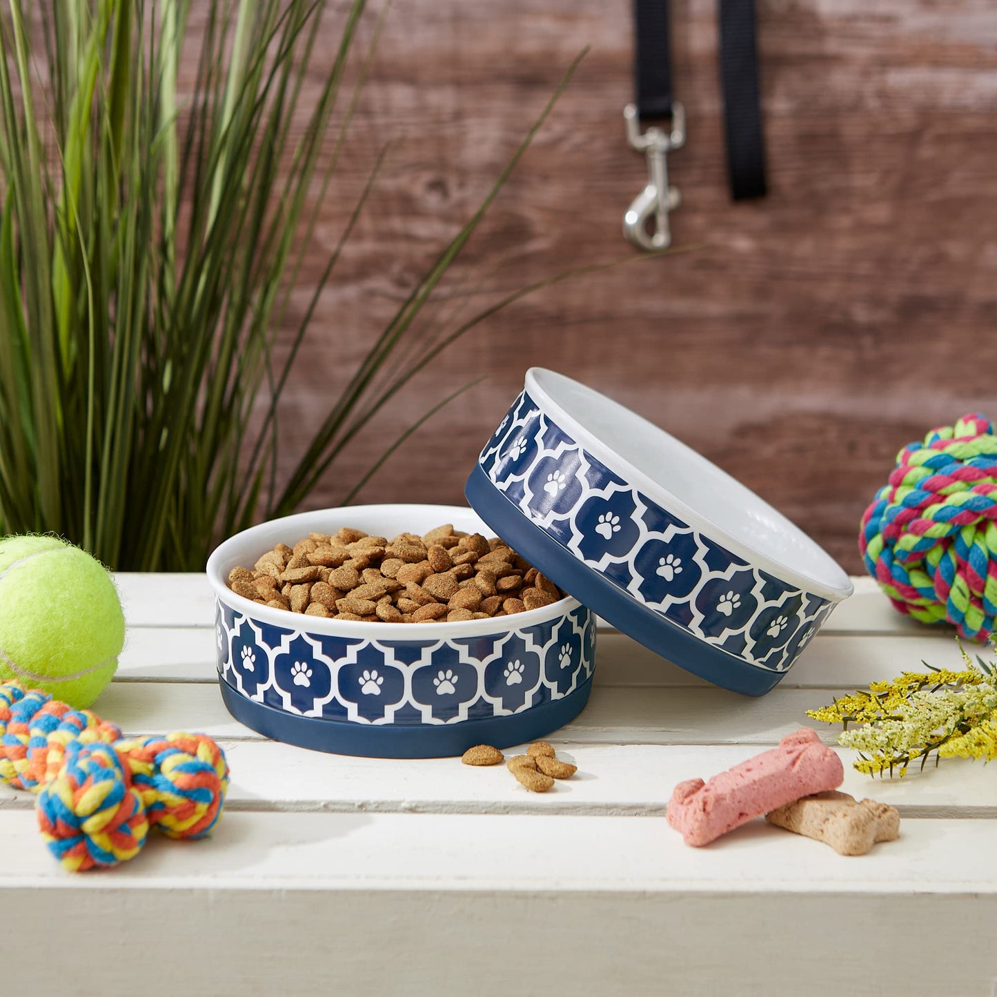 DII Bone Dry Lattice Ceramic Pet Bowl for Food & Water with Non-Skid Silicone Rim for Dogs and Cats (Medium - 6" Dia x 2"H) Nautical Blue - Set of 2