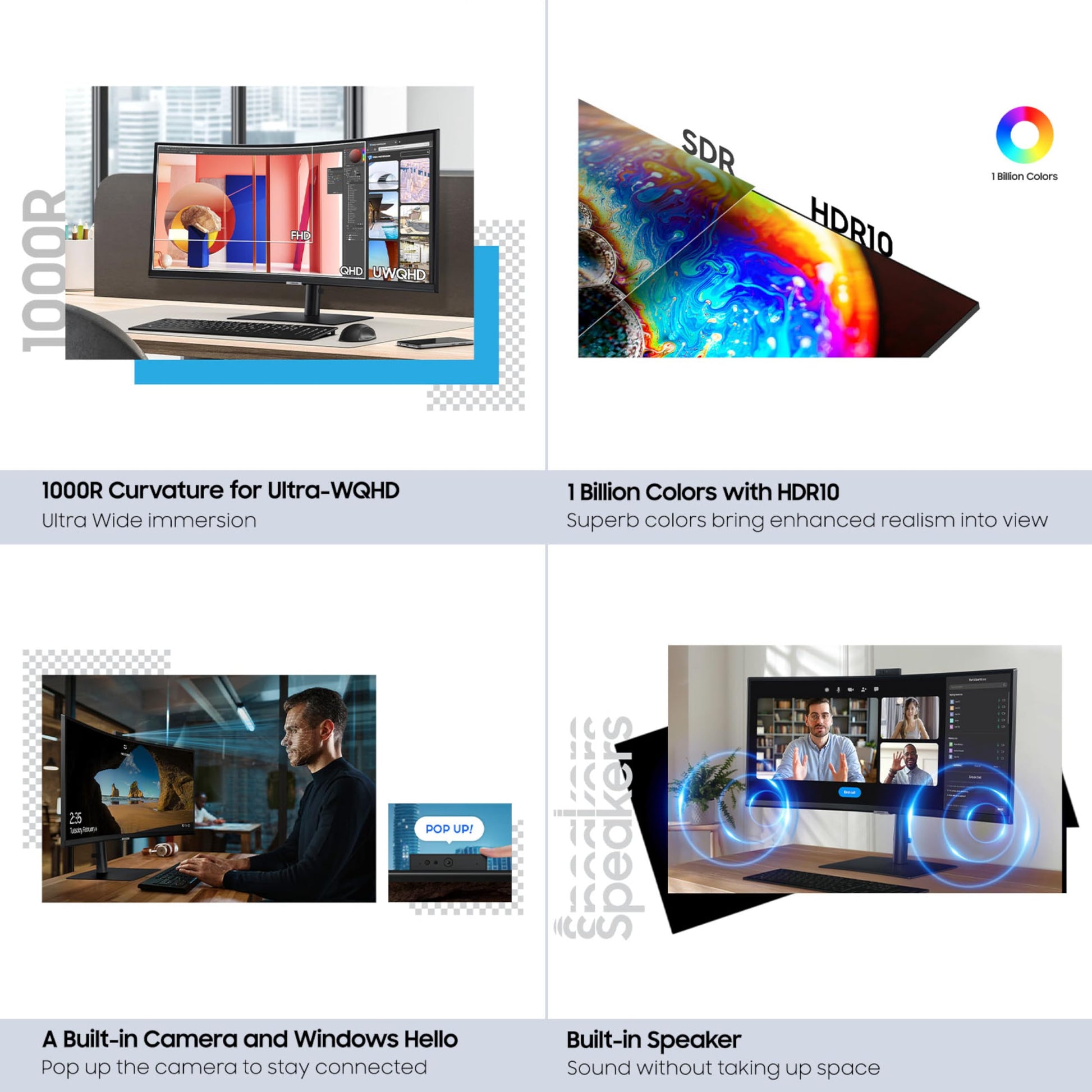 SAMSUNG Monitor de computadora curvado ViewFinity S65VC Series Ultra-WQHD de 34 pulgadas, 100Hz, AMD FreeSync, HDR10, USB-C, altavoz incorporado, cámara, interruptor KVM, cuidado de los ojos, embalaje
