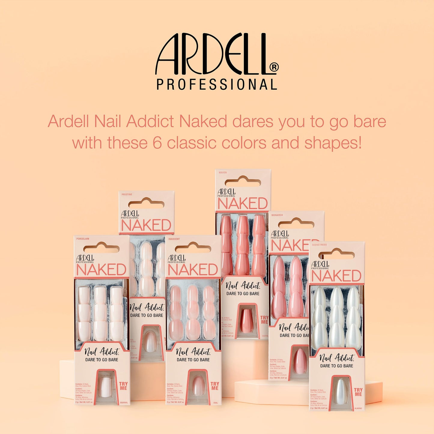 Uñas Postizas de Cobertura Completa Acabado Natural Reutilizables Ardell Nail Addict Inocente y Desnuda