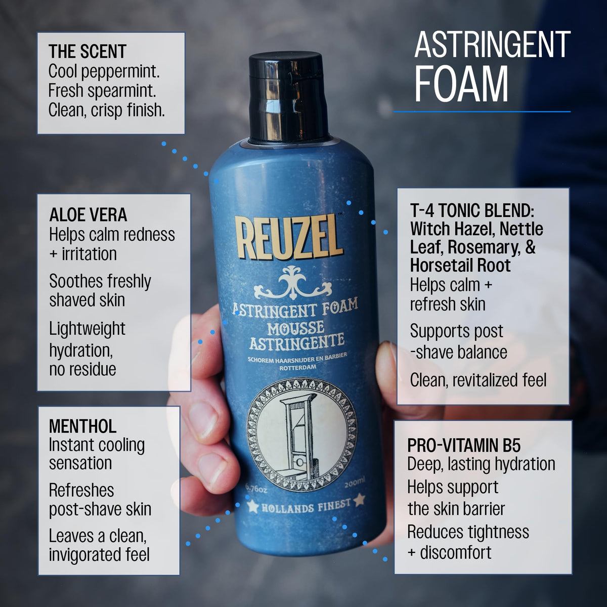 Reuzel Espuma astringente - Suaviza y tonifica - Remueve suciedad y grasa - Refresca la piel y cierra los poros - Mantiene la piel limpia y balanceada - Fórmula vegana, no reseca - 200 ml limpiador