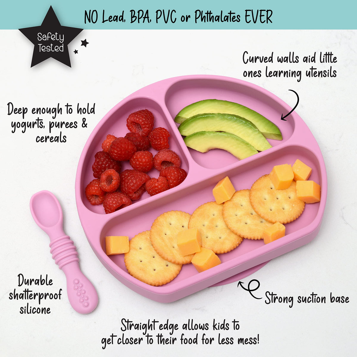 PrimaStella Plato de succión de Silicona, Plato de Agarre Dividido, Juego de Platos y cucharas Antideslizantes para bebés y niños pequeños, sin BPA, Apto para microondas, lavavajillas