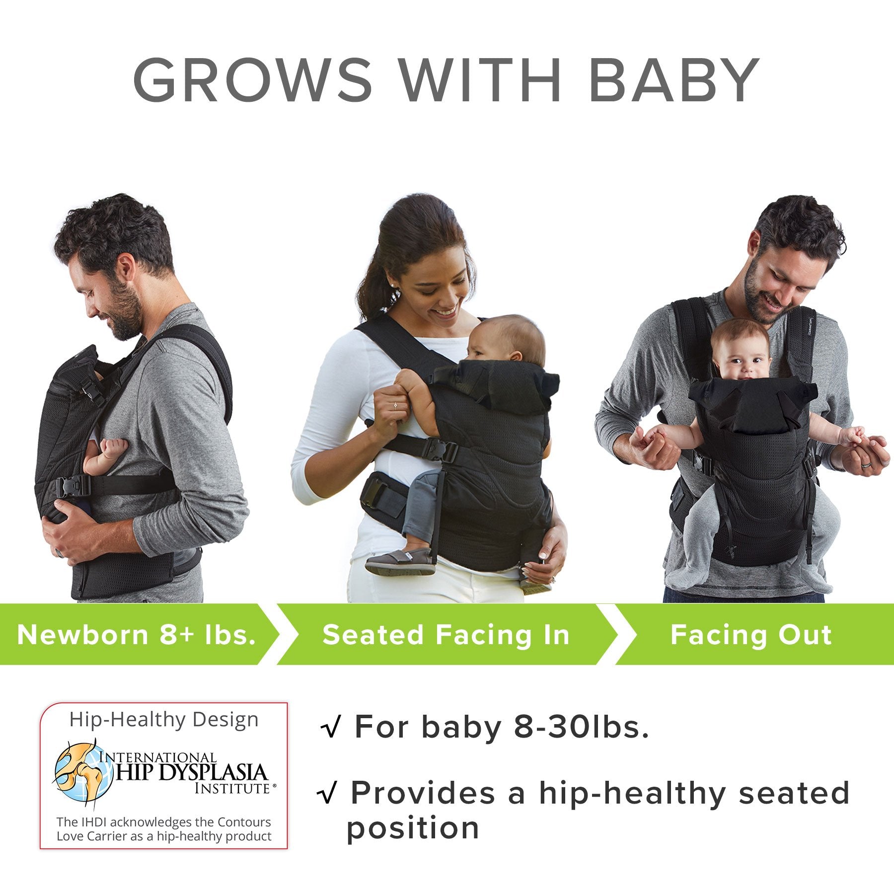 Contours - Portabebés para recién nacidos a niños pequeños | Love 3 posiciones convertible fácil de usar con bolsillos para hombres y mujeres, recién nacidos, cara frontal y cara frontal (8-30 libras)