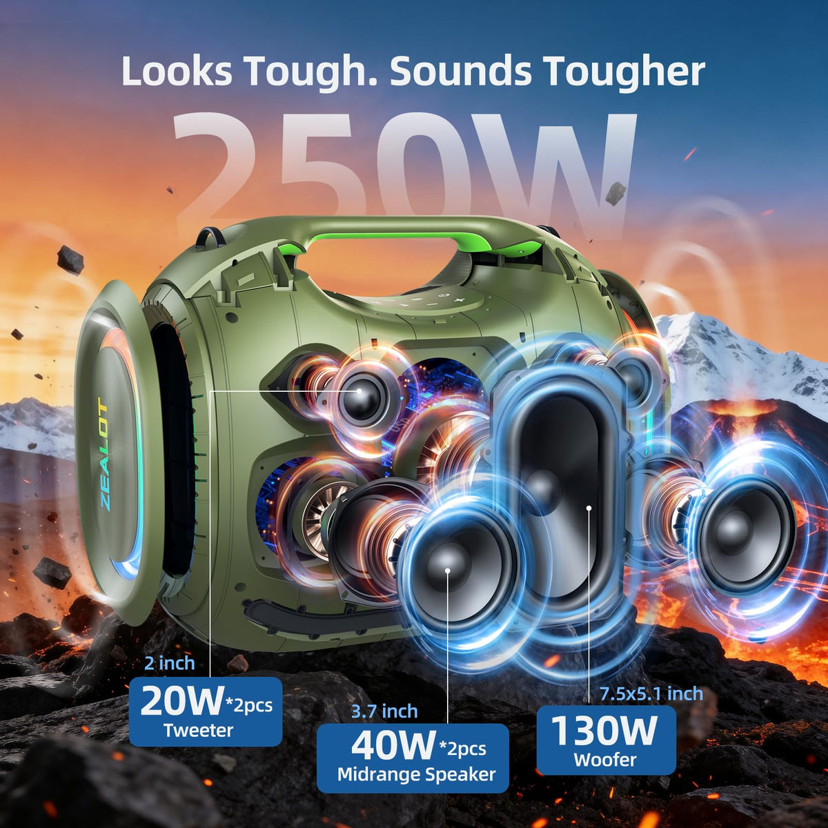 Altavoz Bluetooth ZEALOT Negro 250 W RMS Inalámbrico Impermeable IPX6 con Graves Profundos