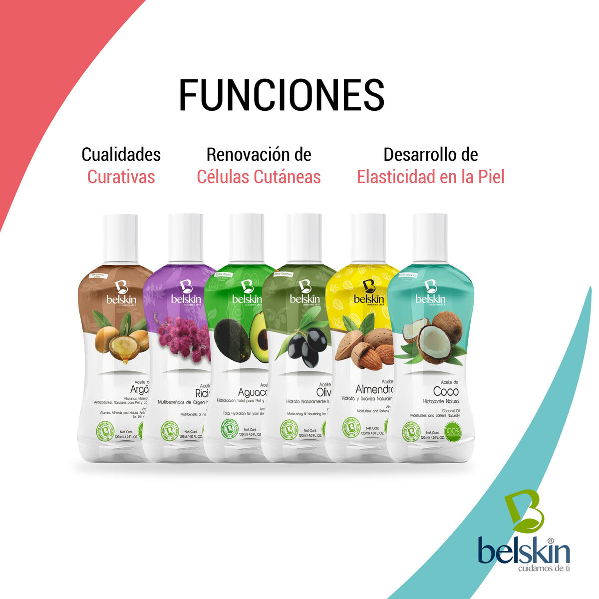 BELSKIN Pack 6 Aceites Naturales 120ml c/u | Almendras, Coco, Ricino, Olivo, Argán, Aguacate | Para Rostro, Cuerpo y Cabello