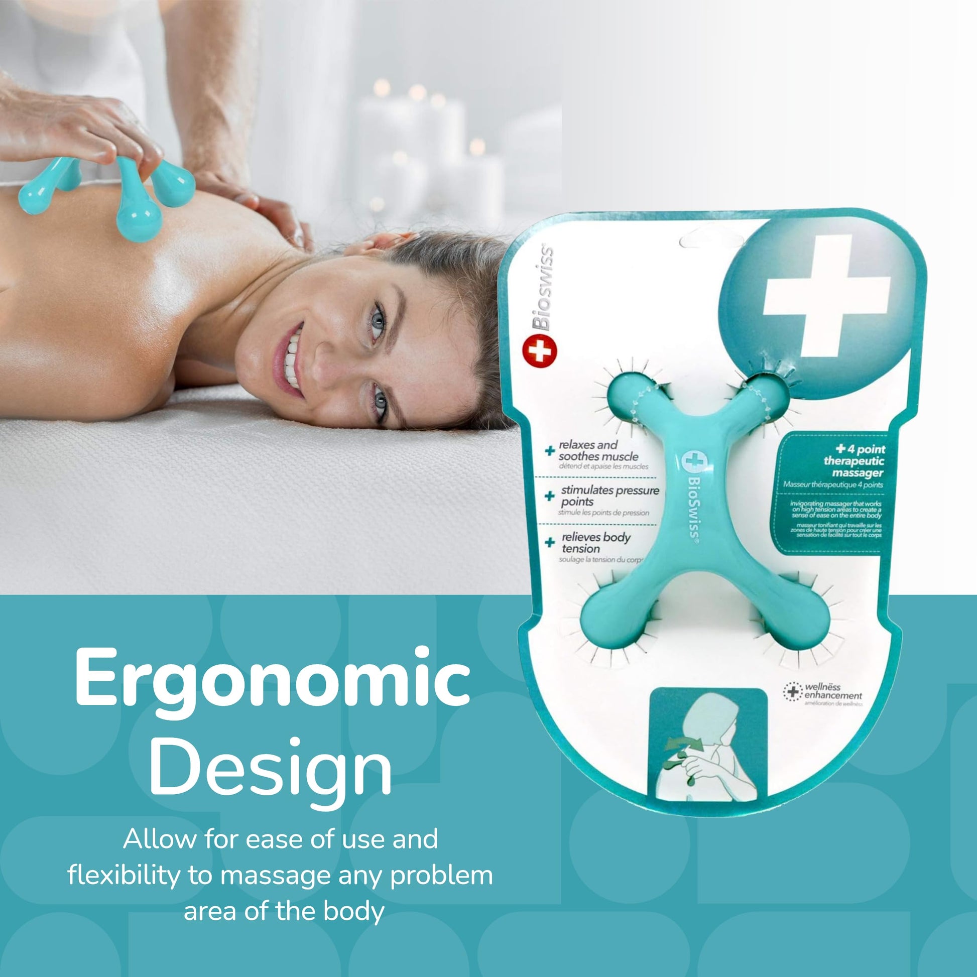 BioSwiss Masajeadores de mano de tejido profundo de espalda – Herramientas de masaje manual para cuello y espalda – Palma de mano cuerpo completo 4 patas Acupresión suave Herramientas de masaje de punto suave (paquete individual)