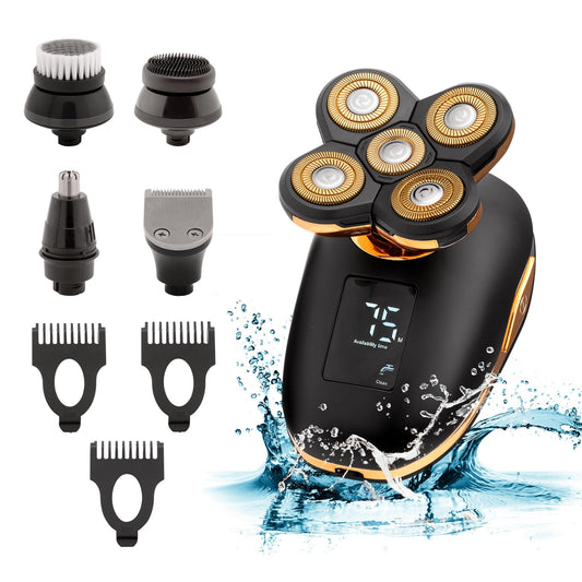 Maquinilla de afeitar eléctrica 5 en 1 para hombres y mujeres, recargable por USB y resistente al agua, incluye afeitadora giratoria de cabeza calva, recortadora de pelo de nariz, moldeadora de barba, cepillo de silicona y cepillo de limpieza