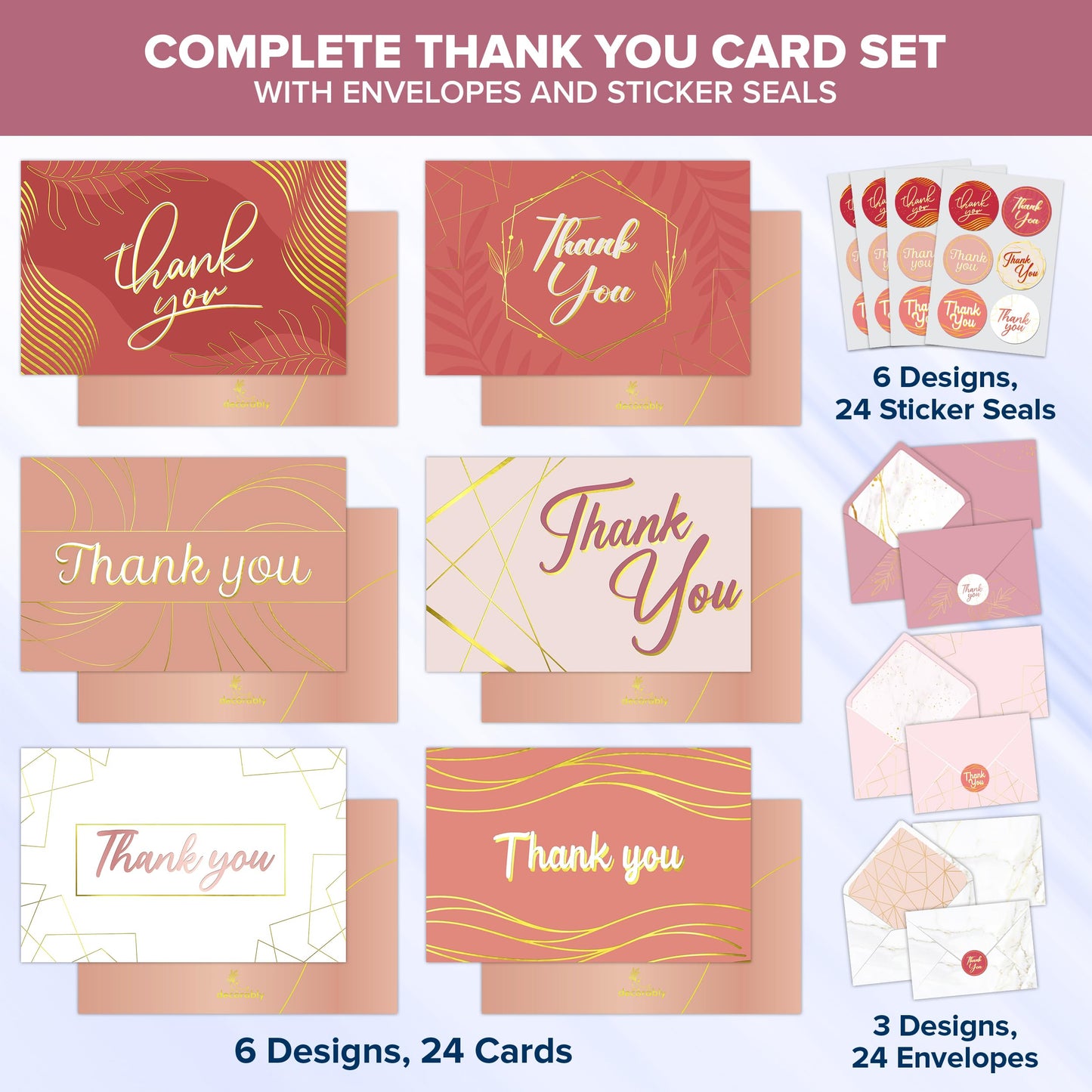 Paquete de 24 tarjetas de agradecimiento de oro rosa con sobres y calcomanías, 6 diseños en blanco dentro de tarjetas de agradecimiento rosas con sobres, tarjetas de agradecimiento de 6 x 4 pulgadas,